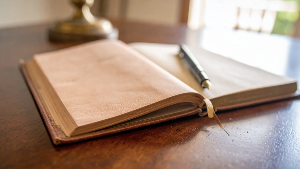 Open leather journal with a pen resting on a wooden desk, symbolizing morning reflection and creative writing